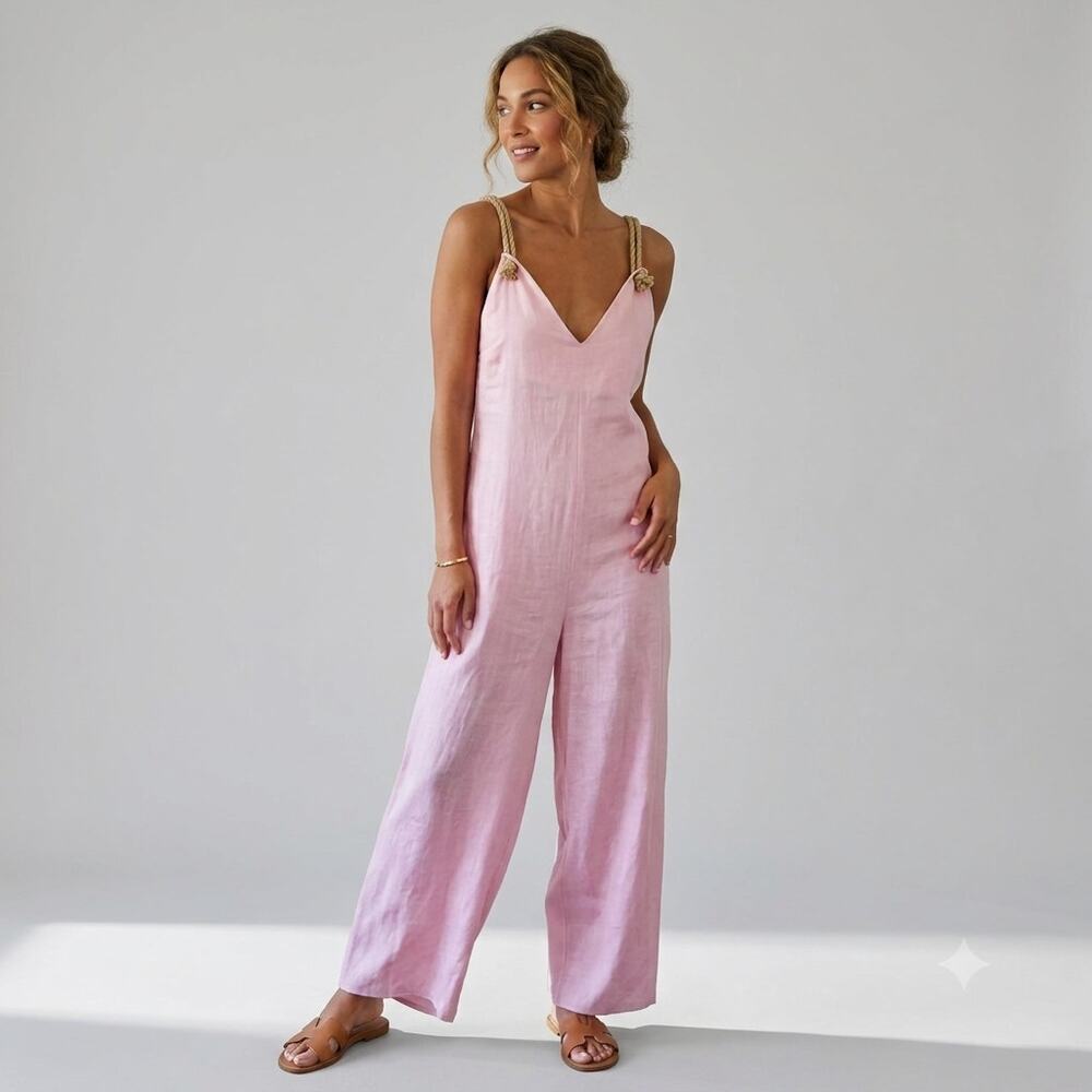 Sibel Saral Jumpsuit XS Pink Linen Silk Wide Leg Rope Strap Quiet Luxury Coastal